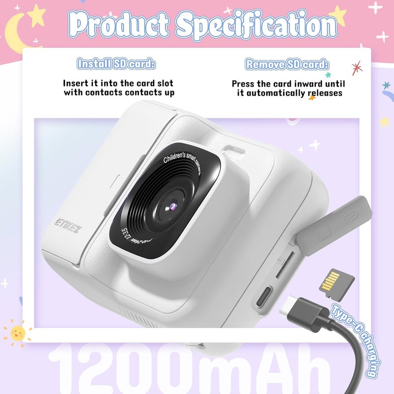 ETIKEZ Kids Camera, 1080P Instant Digital Print Camera for Kids, Christmas Birthday Gifts for 4 5 6 7 8 9 10 Year Old Girls Boys, Portable Toy with 32GB SD Card & 3 Rolls Printing Paper, White - Image 5